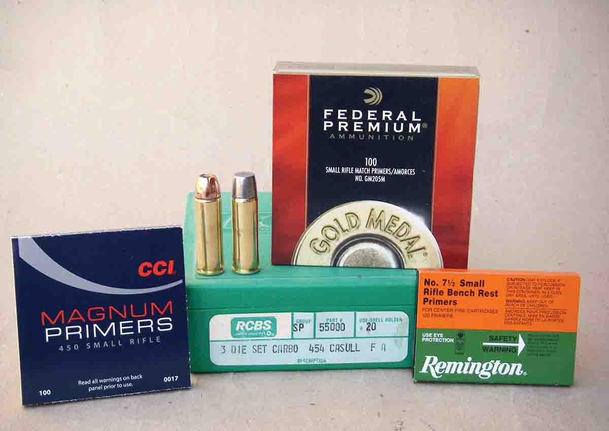 It is strongly suggested to use small rifle magnum primers to obtain reliable powder ignition.